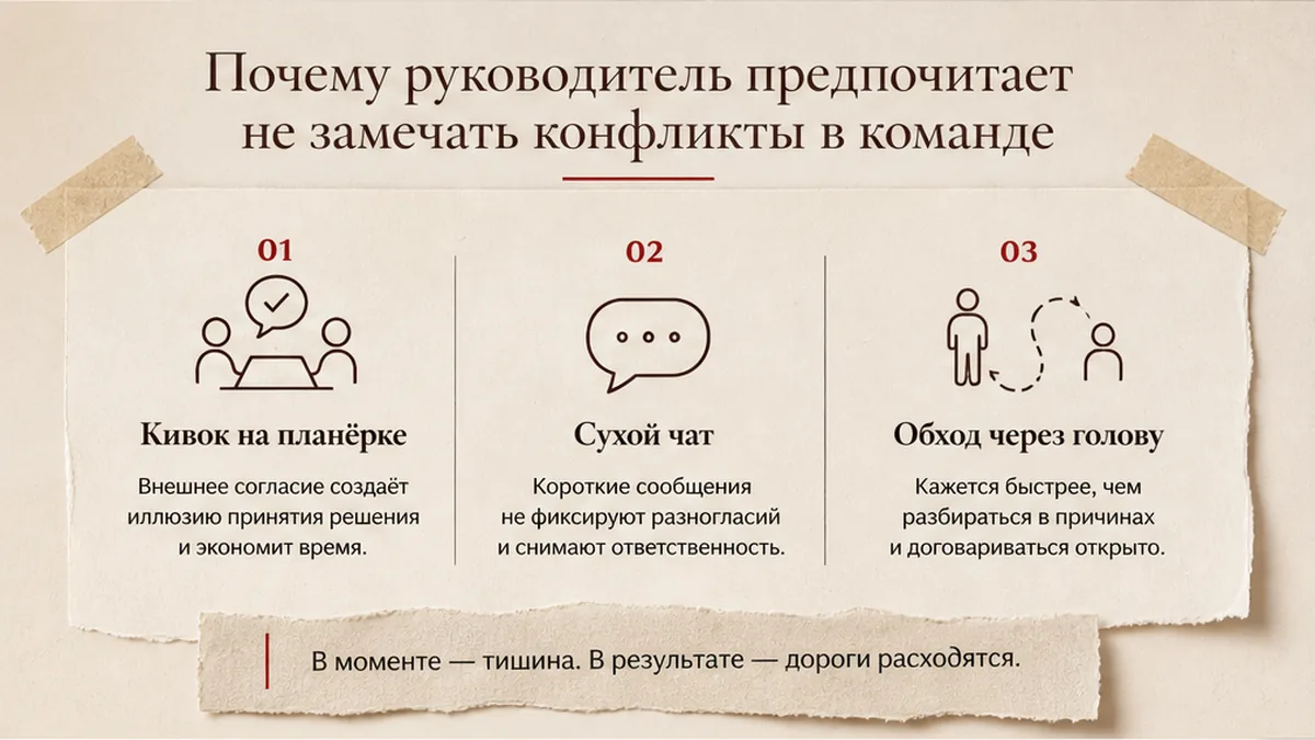 Схема: кивок, сухой чат и обход как признаки конфликта в команде, который лидер не называет