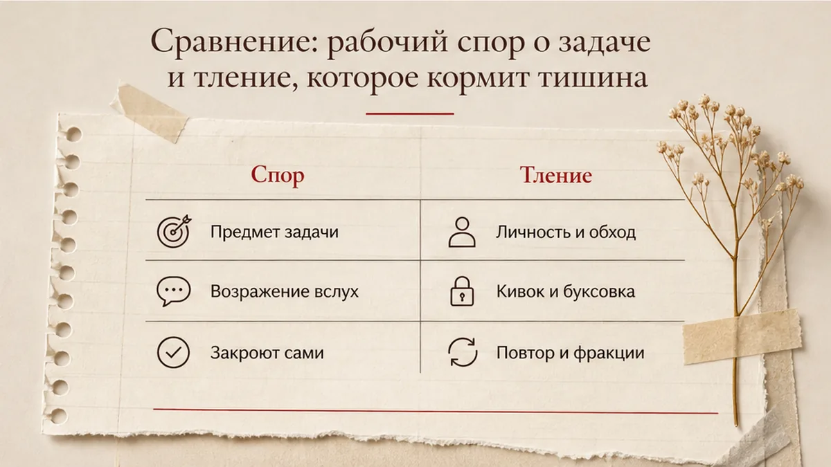 Сравнение рабочего спора о задаче и тлеющего конфликта, который держит тишина