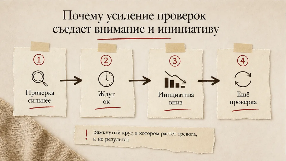 Схема: спираль усиления проверок, ожидания ок и потери инициативы