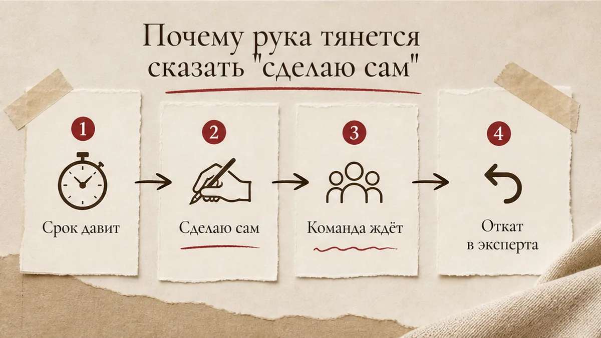 Схема: давление сроков, откат «сделаю сам» и возврат в роль эксперта