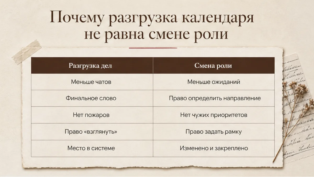Таблица: разгрузка календаря против смены роли собственника
