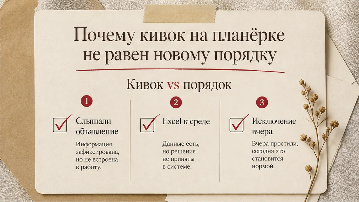 Схема: кивок на планёрке и старый маршрут как сигнал системе, а не ярлык саботажа