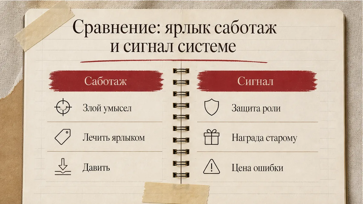 Сравнение ярлыка саботажа и сигнала: роль, маршрут, ответственность, прошлый провал внедрения
